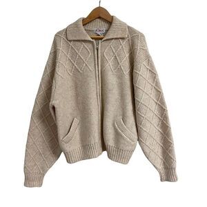 Orvis 100% Wool Fisherman's Full Zip Cardigan Sweater Beige Size Medium